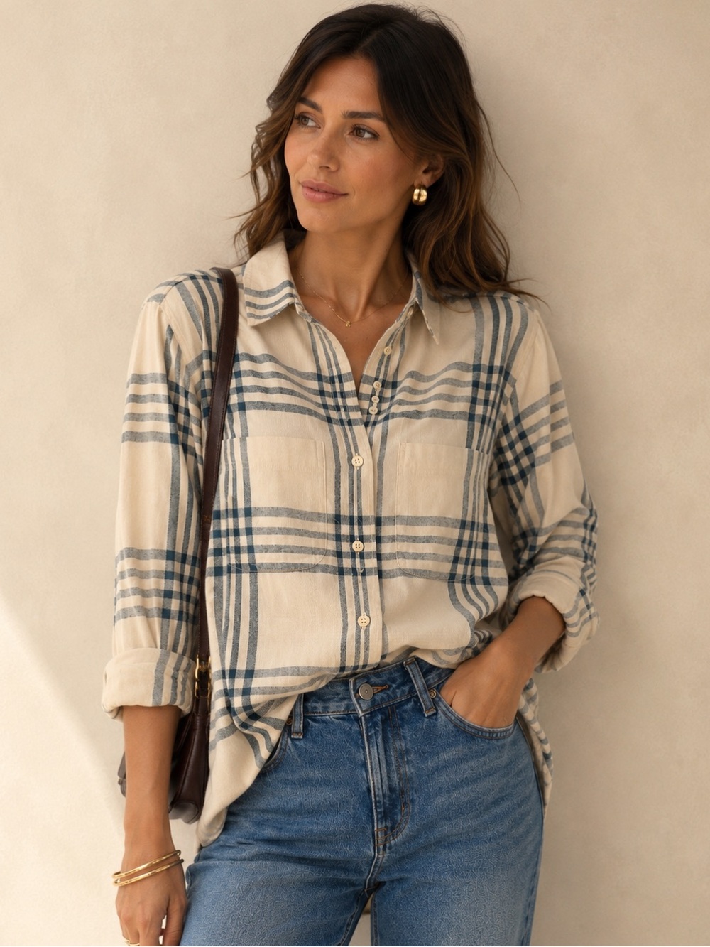 Madewell Oversized Windowpane Plaid Flannel Shirt Cream Blue XS
